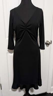 Front Row Black Midi Dress Small S Ruched V-Neck 3/4 Sleeve Flounce Ruffle Hem